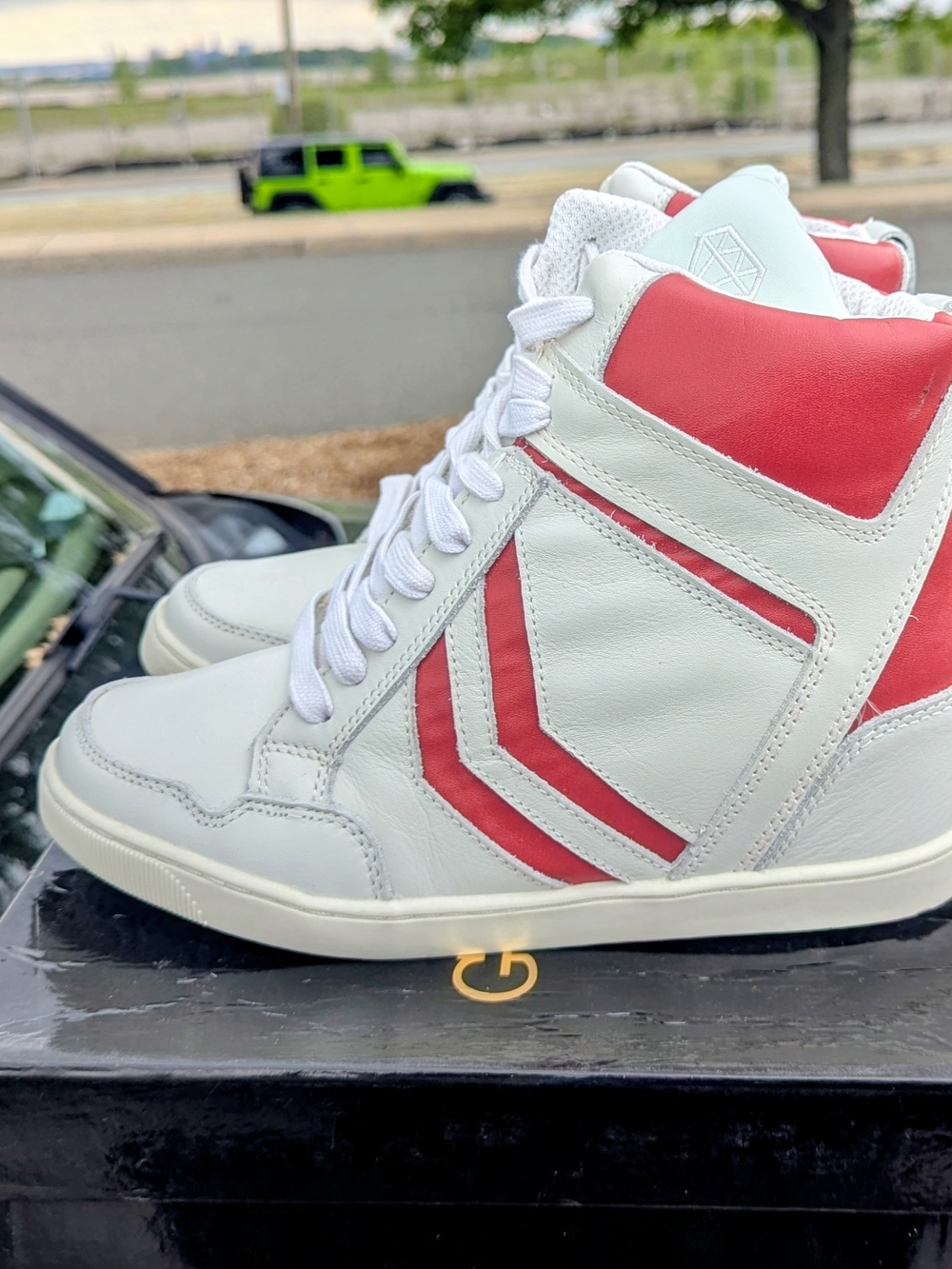 Gold Luxe Jumper White and Red High Top Wedge Style Heeled Sneakers